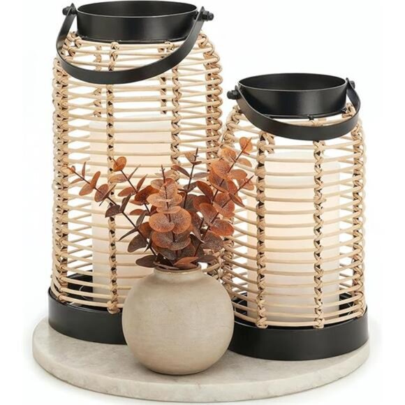 Natural rattan lantern set of 2 boho farmhouse table decor indoor outdoor - Picture 8 of 8